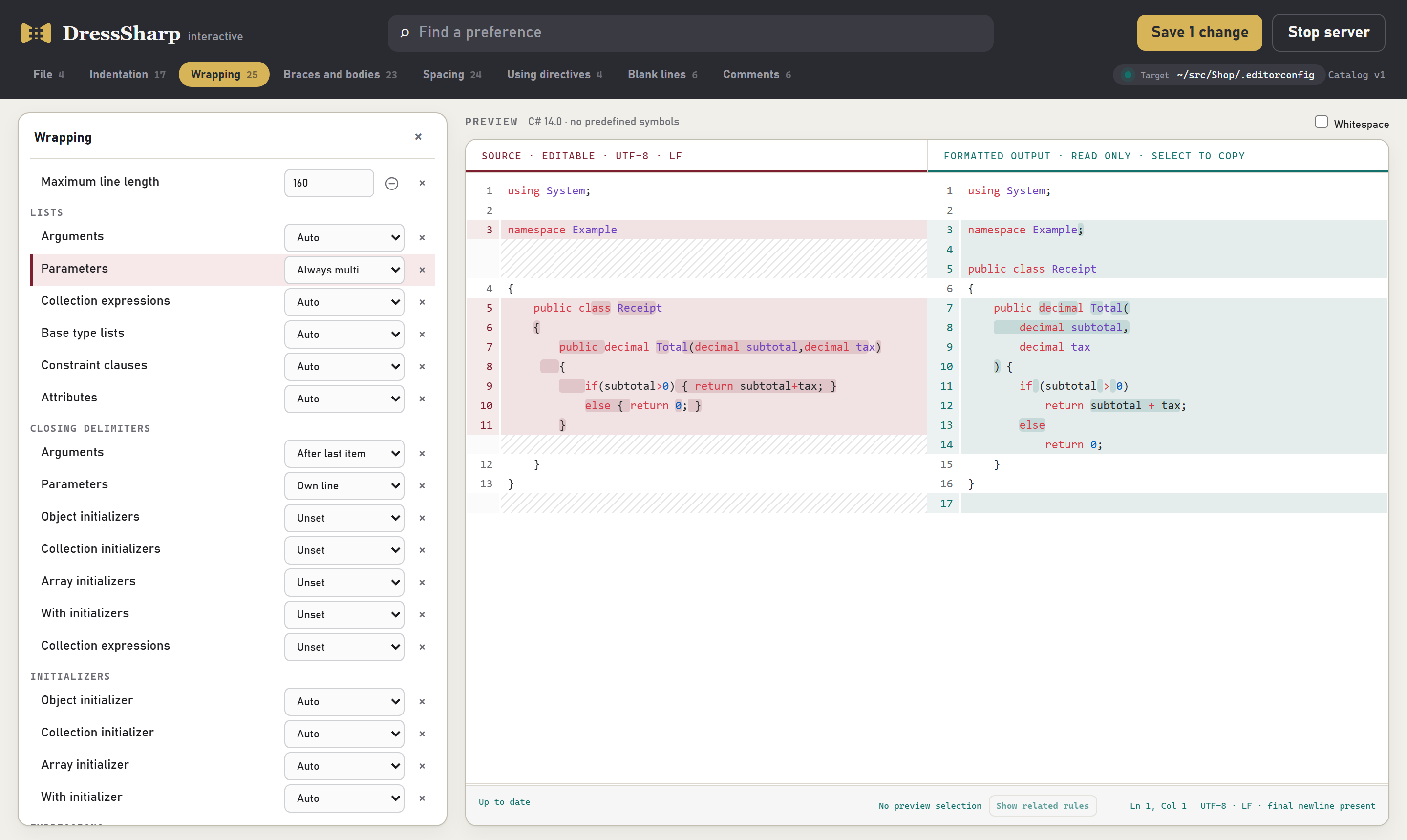 The interactive app with the Wrapping rules open. Parameters is set to Always multi, and the preview shows the parameter list split one to a line.